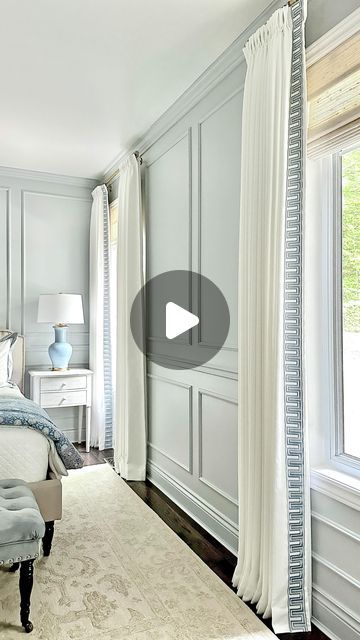 Custom Drapes Bedroom, Bedroom With Curtain Wall, White Drapes Living Room, Ceiling To Floor Curtains, Classic Window Design, Trim Curtains, Indoor Shutters, Luxe For Less, Farmhouse Window Treatments