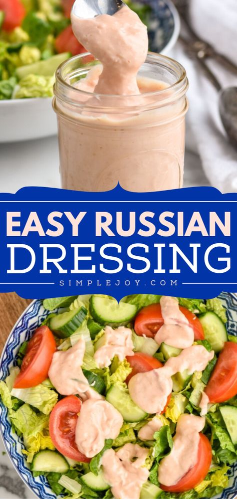 Your summer salads call for this homemade Russian dressing! It's such an easy salad dressing recipe to whip up in just 5 minutes and always tastes delicious. Use it on a Reuben Sandwich and other spring dishes! Easy Creamy Dressing, Homemade Russian Dressing Recipe, Russian Salad Dressing Recipe, Easy Creamy Salad Dressing, Homemade Creamy Salad Dressing, Russian Dressing Recipe Reuben Sandwich, Reuben Dressing Recipe, Salad Dressing Recipes Homemade Easy, Sub Sandwich Dressing Recipe