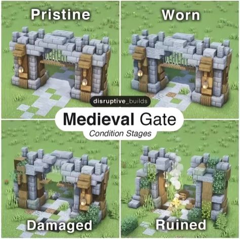 Medieval Gate, Stages Of Decay, Minecraft Medieval House, Construction Minecraft, Minecraft Building Guide, Case Minecraft, Minecraft Wall, Minecraft Decoration, Rumah Minecraft Sederhana