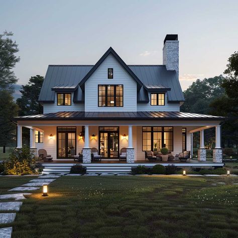 Modern Farmhouse Exterior Wrap Porch, Big Single Story House, Basic Home Exterior, Beautiful Country House, Modern Country Home Design, One And A Half Story House, Pretty Houses Modern, Timeless House Design Exterior, Cabin Farmhouse Exterior