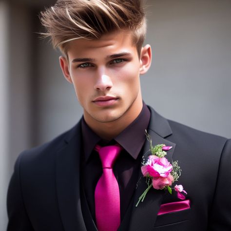 Black Tux Prom, Prom Tuxedo Black, Tux Prom, Prom Tuxedo, Prom Inspo, Flower Tie, Hot Pink Flowers, Pink Vest, Black Tux