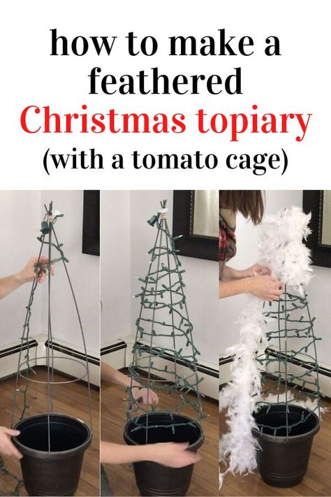 Tomato Basket Christmas Tree, Christmas Topiaries, Tomato Cage Christmas, Fall Topiaries, Holiday Lights Outdoor, Tomato Cage Christmas Tree, Topiary Diy, Christmas Topiary, Tree Projects