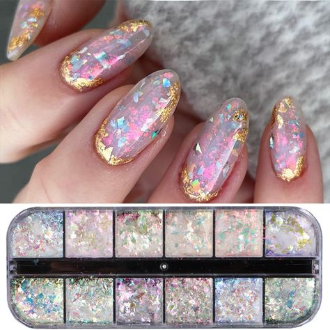 Aurora Crystal Nails, Simple Marble Nail Art Designs, Nail Sequins Art Designs, Dark Holographic Nails, Carousel Nails, Opal Nail Art, Crystals Nails Design, Opal Nails Gel, Nails With Flakes