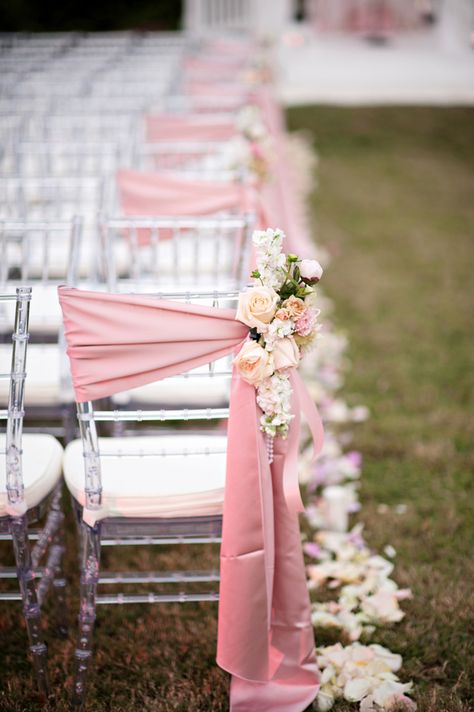 Ceremony Chair Decor- I REALLY love this simple but beautiful Wedding Chair Sashes, Rustic Wedding Decorations, Ceremony Chairs, Stil Rustic, Wedding Chair, Aisle Decor, Chair Decorations, Pink Themes, Wedding Aisle