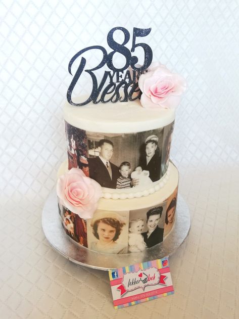 85th birthday cake with edible pictures, fondant roses and custom lasercut topper 80th Birthday Cake For Grandma, 70th Birthday Cake Ideas, Grandpa Birthday Cake, 85th Birthday Party Ideas, 75 Birthday Cake, 90th Birthday Cakes, 70th Birthday Cake, 80 Birthday Cake, Dad Birthday Cakes