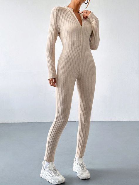 Apricot  Collar Long Sleeve Knitted Fabric Plain  Embellished High Stretch  Women Clothing Catsuit, Long Sleeve Knit, Women Clothing, Ribbed Knit, Knitted Fabric, Zip Ups, Jumpsuit, Collar, Knitting