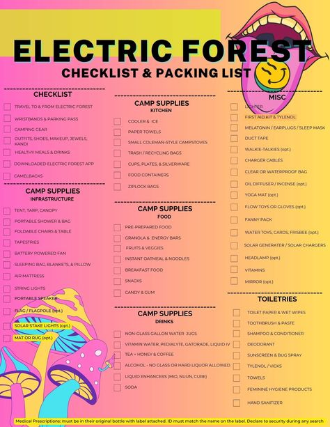 Rave Packing List, Lost Lands Camping, Rave Essentials Packing Lists, Camping Music Festival Packing Lists, Music Festival Packing List, Electric Forest Camping, Electric Forest Festival Outfits, Rave Camping, Festival Camping List