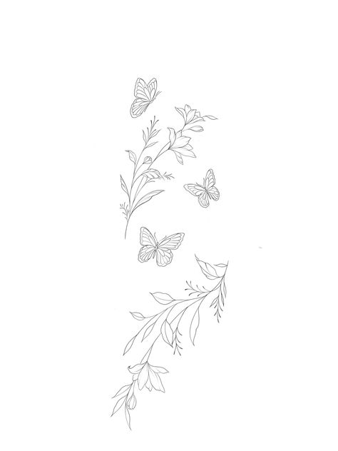 Butterflies And Leaves Tattoo, Floral Line Tattoo Design, Butterfly And Flower Tattoo Stencil, Feminine Tattoo Filler, Flower Tattoos Arm Forearm, Upper Arm Tattoos For Women Simple, Tattoos Stencil For Women, Vine Tattoos On Thigh, Patchwork Tattoo Ideas Nature