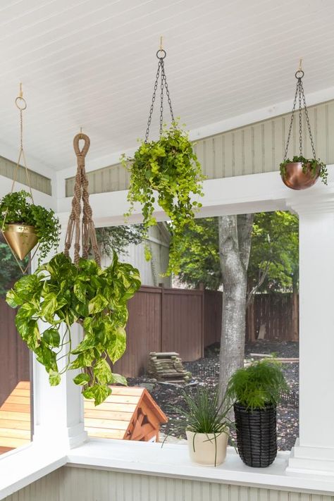 Porch With Hanging Plants Balcony Hanging Plants, Modern Front Porch Decor, Backyard Entertaining Area, Modern Front Porches, Hanging Plants Outdoor, Farmhouse Porch Decor, Hanging Plants Diy, Porch Plants, Plant Pot Design