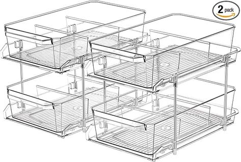 Amazon.com - 2 Set, 2 Tier Clear Organizer with Dividers for Cabinet / Counter, MultiUse Slide-Out Storage Container - Kitchen, Pantry, Medicine Storage Bins, Bathroom, Vanity Makeup, Under Sink Organizing Bathroom Vanity Makeup, Baby Bottle Organization, Spice Rack Organization, Hair Product Storage, Medicine Cabinet Organization, Cleaning Supply Storage, Container Kitchen, Shoe Rack Entryway, Divider Design