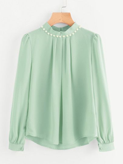 Shop Pearl Beading Puff Sleeve Chiffon Blouse online. SheIn offers Pearl Beading Puff Sleeve Chiffon Blouse & more to fit your fashionable needs. Blus Sifon, Chifon Dress, Women Chiffon Blouse, Green Long Sleeve Top, Chiffon Blouses, Beaded Blouse, Fashion Tops Blouse, Modieuze Outfits, Chiffon Long Sleeve