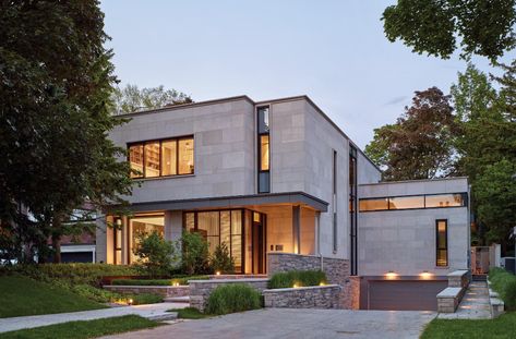 A Limestone Exterior Is The Face Of This Modern House In Toronto Exterior Limestone, Limestone House Exterior, Limestone Exterior, Limestone House, Canadian House, Toronto Houses, Clerestory Windows, Modern Exterior House Designs, Modern Home Design