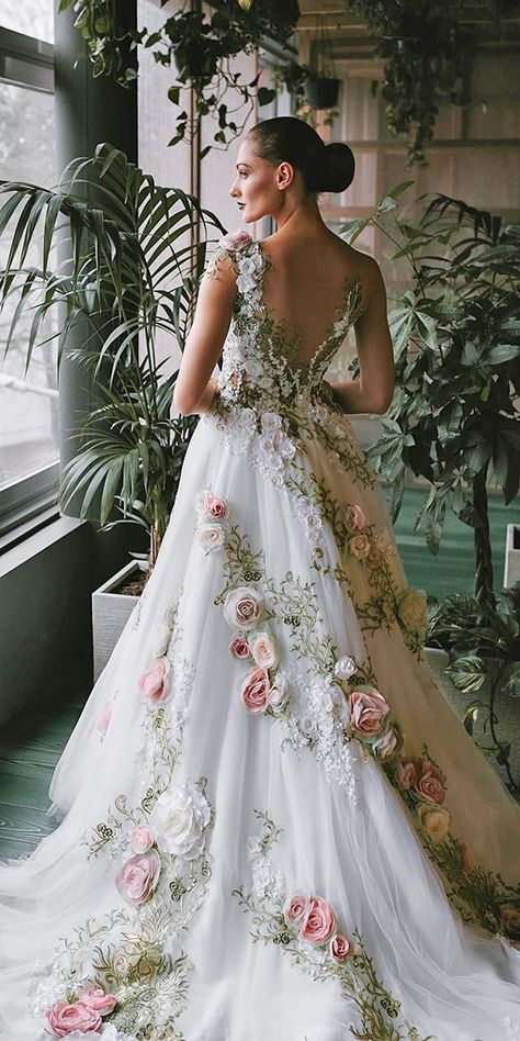 36 Ultra-Pretty Floral Wedding Dresses For Brides | Wedding Forward Wedding Dress With Flowers, Floral Wedding Dresses, Silver Cocktail Dress, Haine Diy, Dress With Flowers, Fairy Tale Wedding Dress, Designing Ideas, Smink Inspiration, Wedding Dresses With Flowers