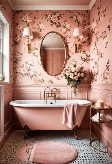 22 Trendy Pink Bathroom Designs To Copy 17 Dark Pink Bathroom Walls, Pink Bathroom Small, Pink Clawfoot Tub, Floral Wallpaper Bathroom, Victorian Bathroom Vintage, Victorian Bathroom Ideas, White Modern Kitchen Ideas, Modern Victorian Decor, Romantic Bathroom