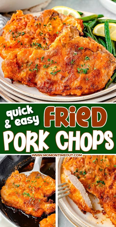 This easy Fried Pork Chops recipe is crispy, golden perfection on the outside and juicy deliciousness on the inside! Perfectly seasoned pan fried pork chops are marinated in buttermilk and coated in a flavorful seasoning mix and fried up in just minutes! A classic recipe that's hearty, satisfying and perfect to serve alongside your favorite side dishes like mashed potatoes, green beans or a simple green salad. | MomOnTimeout.com Tender Fried Pork Chops, Chinese Pork Chops Recipes Asian Style, Think Pork Chop Recipes, Butterflied Pork Chop Recipes, Recipes For Boneless Pork Chops, Crispy Fried Pork Chops, Easy Pork Chops Recipes, Pan Fried Pork Chops Boneless, Easy Fried Pork Chops