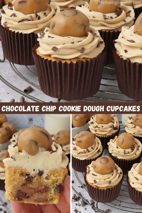 Recipe for Chocolate Chip Cookie Dough Cupcakes - chocolate chip cupcakes with a cookie dough centre, brown sugar buttercream and more cookie dough on top! #thebakingexplorer #cookiedough #chocolatechipcupcakes #cookiedoughcupcakes #cupcakerecipe Choc Chip Cupcakes, Funfetti Cupcake Recipe, Brown Sugar Buttercream, Chocolate Chip Cookie Dough Cupcakes, Cookie Dough Cupcakes, Chocolate Chip Cupcakes, Frozen Cookie Dough, Dairy Free Chocolate Chips, Cookie Dough Recipes