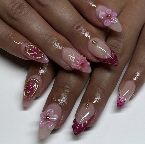 Funky Nail Designs Acrylics, Rosetta Fairy Nails, Hibiscus Nail Art Almond, Brown Hibiscus Nails, Philippines Nails, Orchid Nails Almond, Dominican Republic Nails, Shell Gel Nails, Hibiscus Flower Nails 3d