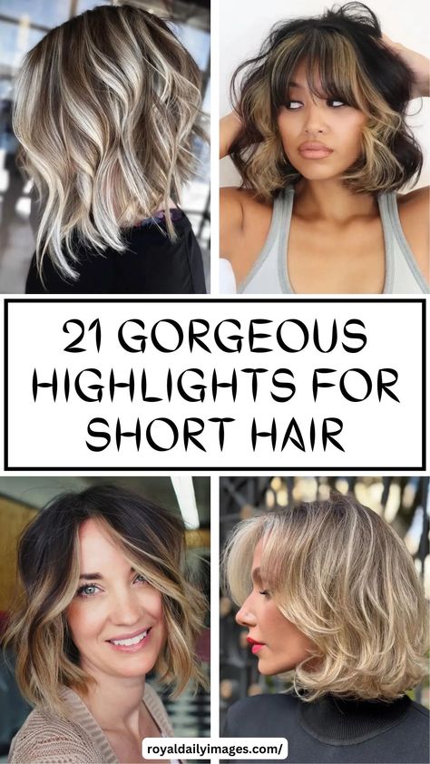 Highlights for Short Hair Hair Color With Highlights Short Hair, Rooted Blonde Balayage Short Hair, Short Haircuts With Balayage, Short Hairstyle Women Caramel Highlights, Hair Coloring Ideas For Short Hair, Highlights On Brown Hair To Hide Gray, Short Hair Layers Highlights, Balayage Highlights Brunette Short Hair, Blonde Hair Color For Short Hair