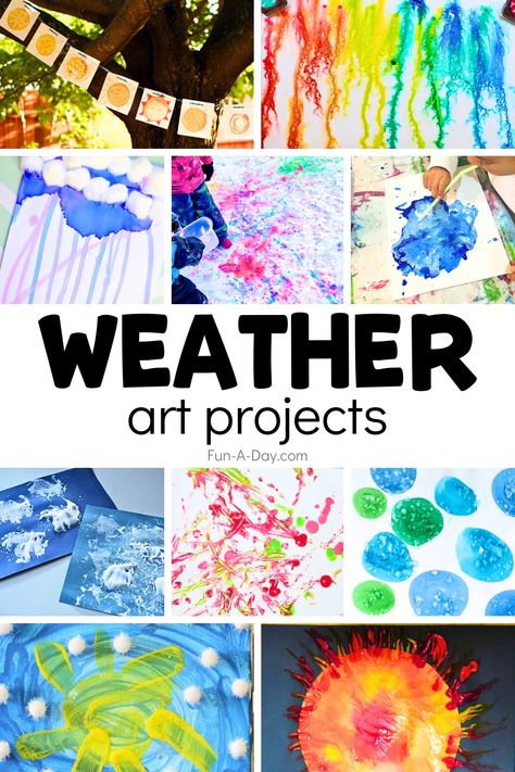 15+ weather art projects for preschoolers and kindergarten kids. There are art projects for rain, wind, storms, hail, and, my personal favorite, sunshine! You can even incorporate the weather art projects into lesson plans about the weather or the four seasons! Click on the Fun-A-Day.com link for more details. Weather Art Projects, Weather Crafts Preschool, Art Projects For Preschoolers, Process Art Preschool, Weather Lesson Plans, Projects For Preschoolers, Rain Crafts, Weather For Kids, Weather Activities Preschool