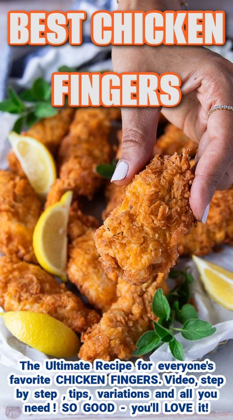 These Chicken Fingers are an easy, quick and satisfying way to get your fast food fix. The fried chicken is perfectly spiced and very moist with a delicate and crispy crust that turns every bite into an adventure! Serve for parties as and easy finger food #fingerfood, #partyrecipes, #chickenfingers How To Make Chicken Fingers, Airfryer Chicken Fingers, Canes Recipe Chicken Fingers, Crispy Chicken Fingers Fried, Crispy Chicken Fingers Baked, Chicken Crispers Recipe, Breaded Chicken Fingers, Easy Chicken Finger Recipes, Homemade Chicken Fingers Air Fryer