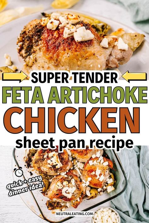 Looking for one pan chicken thigh meals? We have the best feta artichoke chicken recipe that everyone will love! This quick feta recipes is so easy to make. Give our gluten free chicken recipes a try! Chicken Thigh Meals, Chicken Artichoke Recipes, Feta Artichoke, Artichoke Chicken Bake, Chicken Bake Recipe, Sheet Pan Meals Chicken, Gluten Free Chicken Recipes, Healthy Low Carb Dinners, Feta Chicken