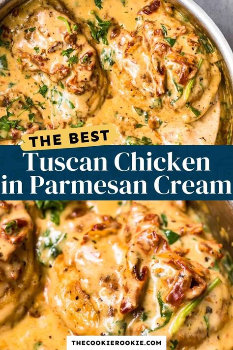 Succulent Tuscan Chicken in a dreamy, creamy Parmesan sauce. This delightful dish is packed with spinach, sun-dried tomatoes, garlic and loaded with flavor! Thanks to @danishcreamery European Style Butter, this buttery parmesan cream sauce is so amazing, you’ll be making this time and time again. Tuscan Chicken Recipe, Creamy Parmesan Sauce, Creamy Chicken Enchiladas, Parmesan Cream Sauce, Creamy Parmesan, Parmesan Sauce, Tuscan Chicken, Chicken Main Dishes, Chicken Dishes Recipes