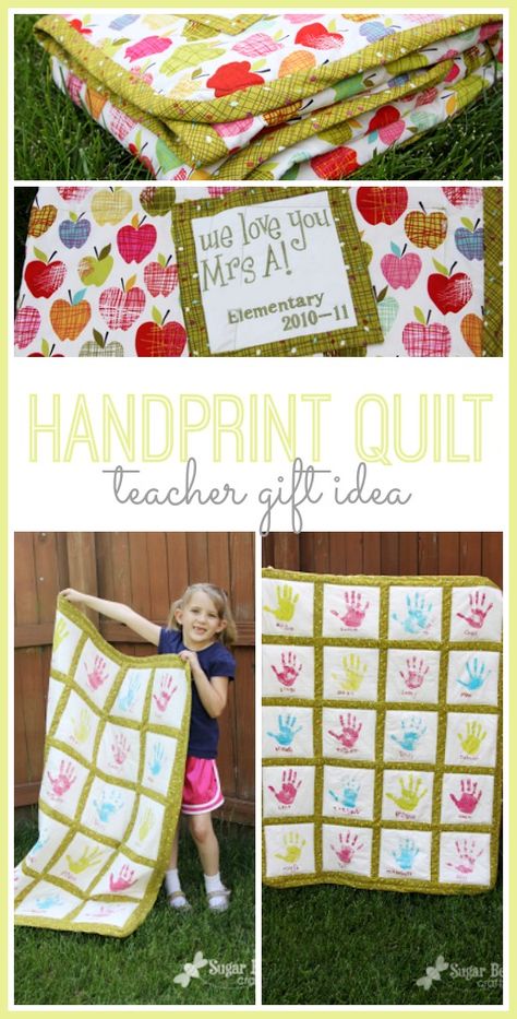 Handprint Quilt For Teacher, Handprint Quilt Ideas, Teacher Quilt Ideas, Teacher Handprint Gift, Handprint Quilt, Bee Teacher Gifts, Teacher Quilt, Scrappy Quilting, Creative Teachers Gifts