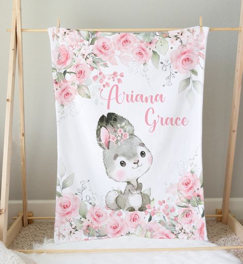 Rose Blanket, Sherpa Baby Blanket, Baby Girl Blanket, Flower Blanket, Rabbit Baby, Personalized Baby Girl, Name Blanket, Personalized Blanket