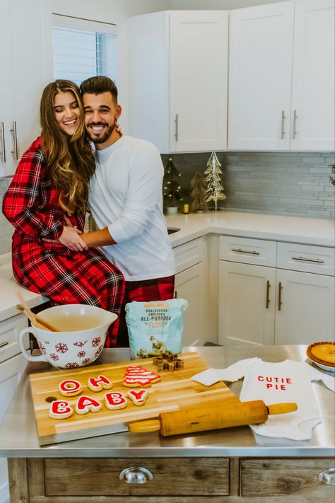 Kitchen Baby Announcement, Recipe For Baby Announcement, Christmas Themed Pregnancy Announcement, Baking Announcement, Baking Maternity Photoshoot, Christmas Second Baby Announcement, Twin Announcement Photoshoot, Baking Maternity Shoot, Kitchen Pregnancy Announcement