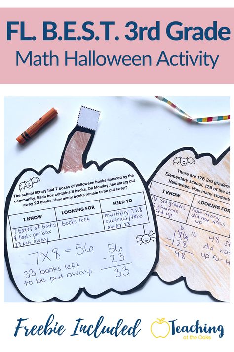 Florida BEST Halloween Activity for 3rd grade Math Crafts Third Grade, 3rd Grade Fall Math Craft, 4th Grade Halloween Crafts, 3rd Grade Halloween Crafts, Holiday Math Games, Halloween Word Problems, Two Step Word Problems, Word Problems 3rd Grade, Pumpkin Activity