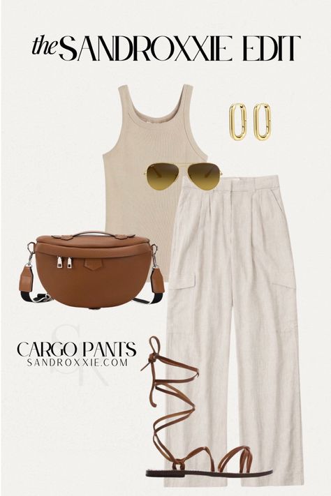 Linen Cargo Pants Outfit, Outfits For Florida Vacation, Cargo Pants Summer Outfit, Linen Cargo Pants, Cargo Pants Outfit, Over 50 Womens Fashion, Ribbed Tank Top, New Looks, Wide Leg Linen Pants