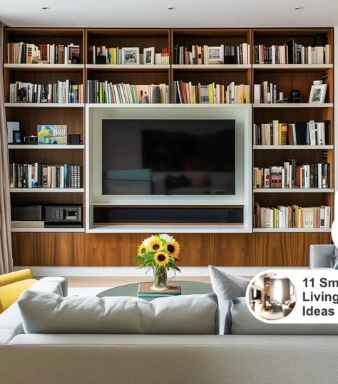 Tv And Bookshelf Wall, Bookshelf With Tv, Bookshelves In Living Room With Tv, How To Style Built In Shelves, Living Room Library Ideas, Room Library Ideas, Styling Built In Shelves, Tv Shelving, Basement Tv Rooms