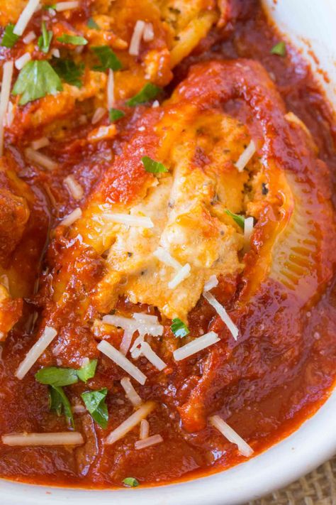 Ricotta Stuffed Shells - Dinner, then Dessert Easy Stuffed Shells, Ricotta Stuffed Shells, Stuffed Shells Ricotta, Homemade Marinara Sauce, Homemade Taco Seasoning Recipe, Dinner Then Dessert, Jumbo Pasta Shells, Chicken Ranch, Main Dish Casseroles