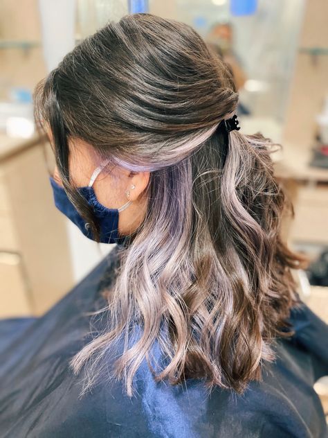 Narural brown hair with lavender peek a boo. #lilac #lavender#LavenderHair #NewHair #Olney #Maryland #Waves #WaveyHair #Brunette #HalfUp Peak A Boo Hair Color Brown, Brown Hair With Lavender, Lavender Peekaboo Hair, Peek A Boo Hair Color Ideas, Peak A Boo Hair Color, Balyage Long Hair, Light Purple Hair, Work Hair, Hair Color Underneath