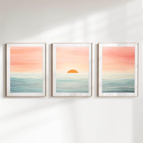 Experience the serene beauty of coastal landscapes with our exquisite set of 3 Sun Over Ocean Prints. Perfect for nature lovers and coastal decor enthusiasts, these prints capture the tranquil elegance of sunrises over the ocean. Ideal as a unique and thoughtful gift, these digital downloads are available in A1, A2, A3, and A4 sizes. Transform any room with these stunning prints, featuring vibrant and soothing colors of the sun rising over the sea. Whether displayed in your living room, bedroom, Blue Ocean Bedroom Aesthetic, Romanticize College, Sunrise Decor, Beachy Paintings, Sunset Paintings, Ocean Prints, Sea Sunrise, Home Decor Coastal, Ocean Sunrise