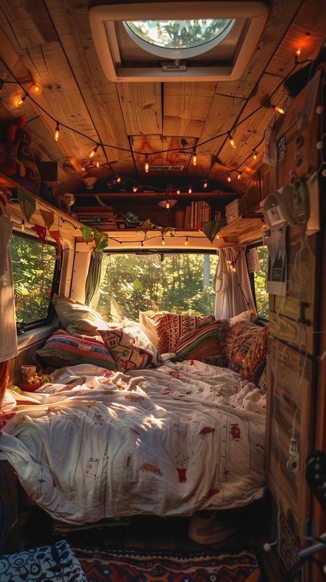 Dreamy van life under fairy lights ✨✨ #VanLife #BohoMood #FairyLights #vanlife #mood Fairy Lights In Caravan, Cosy Van Life, Cosy Van Interior, Van Lighting Ideas, Cozy Camper Van, Van Storage Ideas Organizing, Van Life Interior Aesthetic, Vw Camper Van Interior Ideas, Witchy Van Life