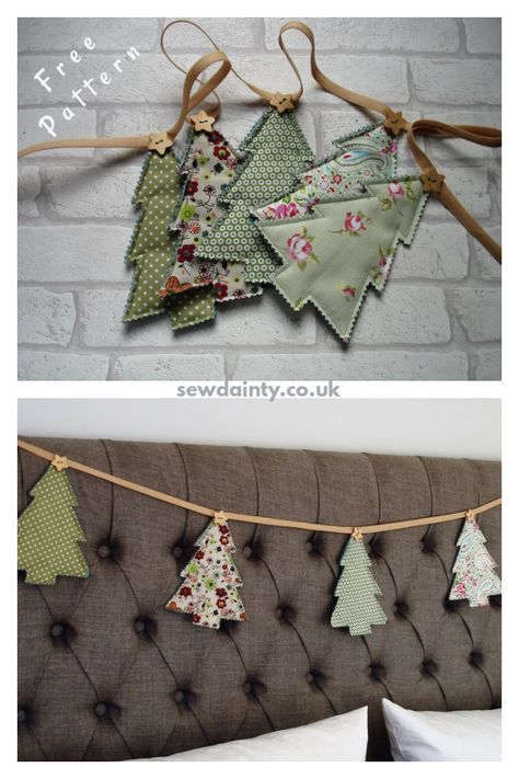 Christmas Tree Bunting Garland Free Sewing Pattern Bunting Tutorial, Bunting Pattern, White Christmas Tree Ideas, Diy Christmas Tree Topper, Minimalist Christmas Tree, Christmas Sewing Projects, Fabric Christmas Trees, Folded Fabric Ornaments, Christmas Bunting