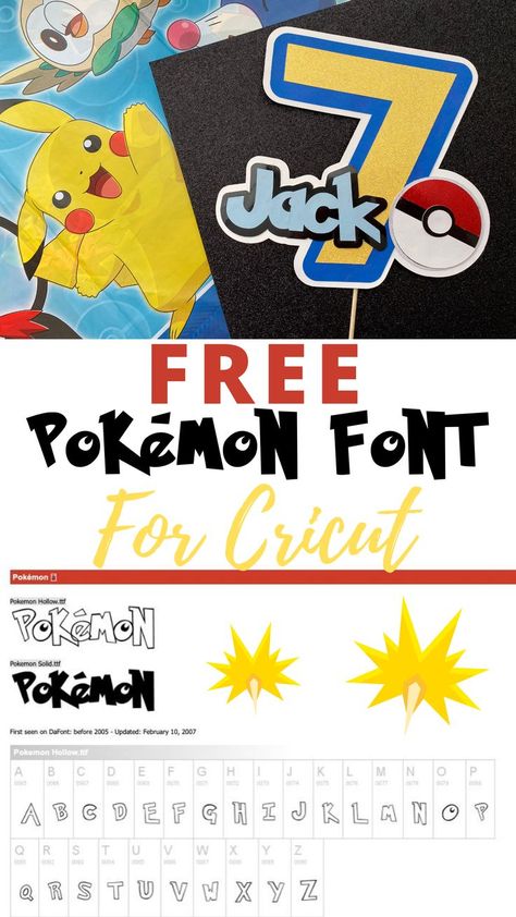 Free  Pokemon Font Pokemon Birthday Card Cricut, Pokemon Font Free Download, Pokemon Cricut Free, Pokemon Cake Toppers Free Printable, Diy Pokemon Cake Topper, Pokemon Font Alphabet, Pokemon Font Free, Pokemon Birthday Cards Diy, Pokemon Cricut Projects Birthday