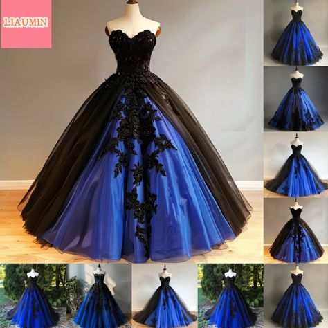 Blue Black Wedding Dress, Black And Blue Wedding Dress, Corset Dress Formal, Story Clothes, Strapless Ball Gown, Gothic Dresses, Wedding 2025, Prom Ideas, Blue Wedding Dresses