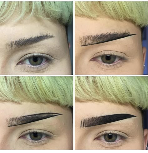 Half Shaved Eyebrows Goth, Unique Eyebrow Shapes, Punk Eyebrows, Alt Eyebrow Tutorial, Pointy Eyebrows, Pointed Eyebrows, Half Eyebrows, Straight Eyebrows Tutorial, Asymmetrical Eyebrows