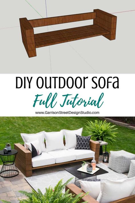 DIY Outdoor Sofa Full Tutorial| ©GarrisonStreetDesignStudio | Outdoor Furniture | DIY | Wood | Rustic | Modern | Easy | Ideas | Cushions | Cheap | Comfortable | On a Budget | Lounge | Restoration Hardware Aspen Collection | Knockoff | Patio | Porch | Deck | Couch |Sofa | Build | Stain | Seating | Timbers | Lumber | Chunky | Backyard | Yard | Luxury | Affordable | Comfy | Railroad Ties |Tutorial | Bench | Patio Furniture | Summer | Outdoor Living | Outdoor Oasis | Outdoor Spaces | DIY Patio Sofa Outdoor Sofa Diy, Resin Patio Furniture, Modern Farmhouse Diy, Outdoor Couch, Patio Diy, Diy Garden Furniture, Have Inspiration, Diy Holz, Diy Sofa