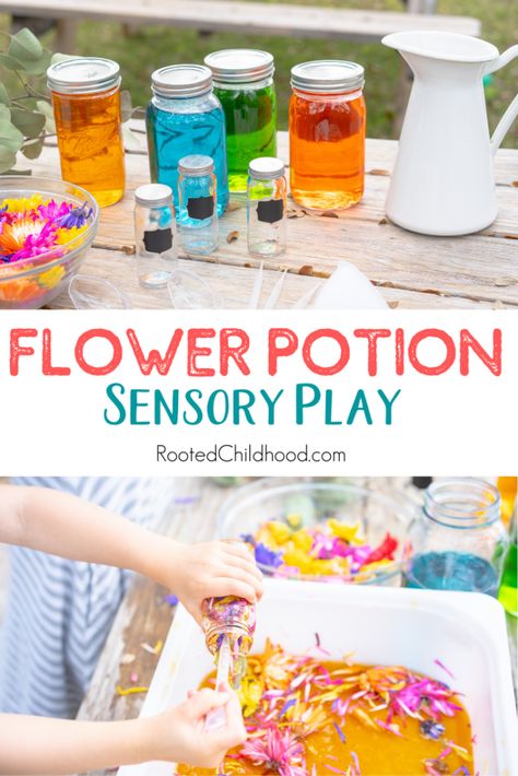 Flower Potion Sensory Play Spring Invitation To Play, Tea Sensory Play, Flower Potions Preschool, Flower Science For Toddlers, Crafts To Play With, Flower Soup Sensory, Plant Sensory Activities, Flowers Sensory Play, Fairy Potions For Kids