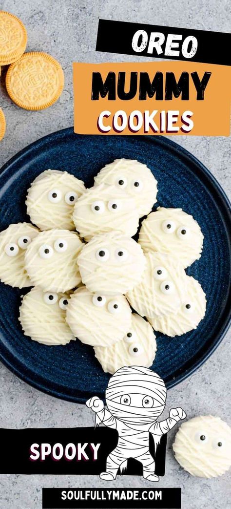 Only three ingredients go into these not-so-scary Oreo Mummy Cookies! Dip Oreo Cookies in melted chocolate, attach candy eyes, and drizzle with white chocolate for the mummy bandage effect. The cookies make for a super easy, fun, and delicious treat for Halloween! Halloween Oreo Treats, Mummy Cookies, Oreo Treats, Oreo Cookies Dipped, Candy Eyes, Idea For Halloween, Cute Snacks, Decadent Cakes, The Mummy