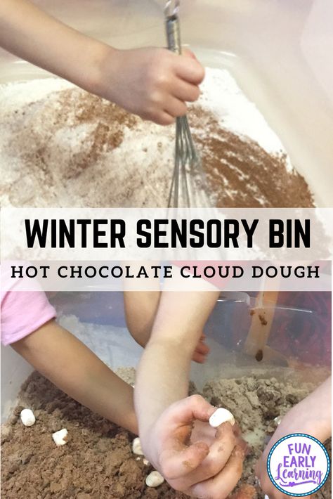 Hot Chocolate Cloud Dough Sensory Bin! Great sensory and winter activity for toddlers, preschool, prek, and kindergarten! #sensorybin #wintersensoryplay #funearlylearning Easy Kids Projects, Chocolate Activities, Hot Chocolate Art, Winter Sensory Bin, Winter Activities For Toddlers, Winter Celebration, Activity For Toddlers, Cloud Dough, Art Activities For Toddlers