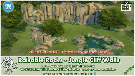 Mod The Sims - Raisable Rocks - Jungle Cliff Walls - Updated 19-07-2019 The Sims 4 Custom Content, Clown Paintings, Sims 4 Studio, Jungle Wall, Natural Pond, Jungle Adventure, How To Make Animations, Water Ripples, Sims 4 Build