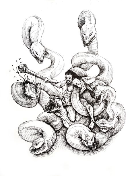 A tattoo sketch concept of Hercules fighting the hydra Hercules Hydra Tattoo, Hydra Tattoo Greek Mythology, Hercules Vs Hydra, Hydra Tattoo, Hydra Monster, Ancient Greek Tattoo, Back Tattoos For Guys Upper, Hercules Tattoo, Greek Ideas