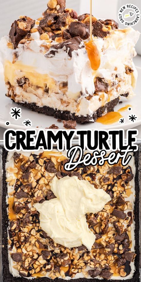 Three Layer Dessert, Stripped Delight Dessert, Layered Ice Cream Desserts, Cream Cheese And Pudding Desserts, Turtle Trifle Dessert, Turtle Lush Dessert, Chocolate Layered Pudding Dessert, Turtle Dessert Recipes, Striped Delight Dessert