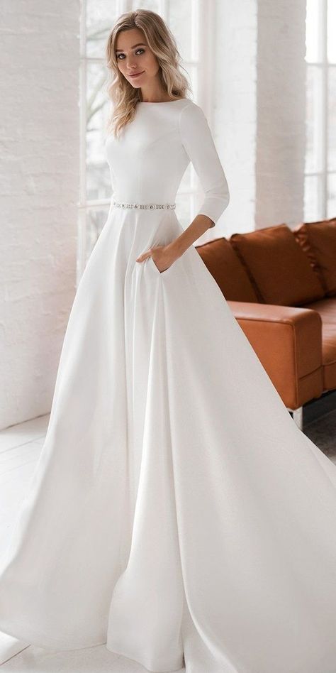 Wedding Dresses Princess, Baju Kahwin, Modest Wedding Gowns, Dresses Princess, Wedding Dress With Pockets, White Wedding Dress, Top Wedding Dresses, Modest Wedding, Sleeve Wedding Dress