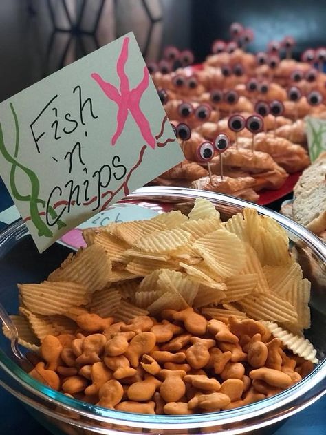 Fish and chips for Mila’s 2nd ocean themed birthday party Fish And Chips Party Food, Chip Themed Party, Ocean Themes Party, Shark And Fish Birthday Party, Shark Themed Birthday Party Boys, Goldfish Themed Birthday Party, Aquatic Party Theme, Ocean Themed Brunch, Diy Sea Turtle Party Decorations