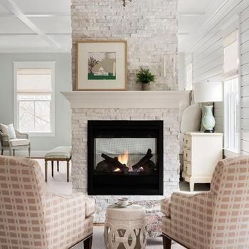 Multi Sided Fireplace - Transitional - Kitchen - Munger Interiors Double Fireplace, Square Wooden Coffee Table, Printed Accent Chairs, Grey Fireplace, White Abstract Wall Art, Fireplace Facing, Standing Fireplace, White Mantel, Two Sided Fireplace